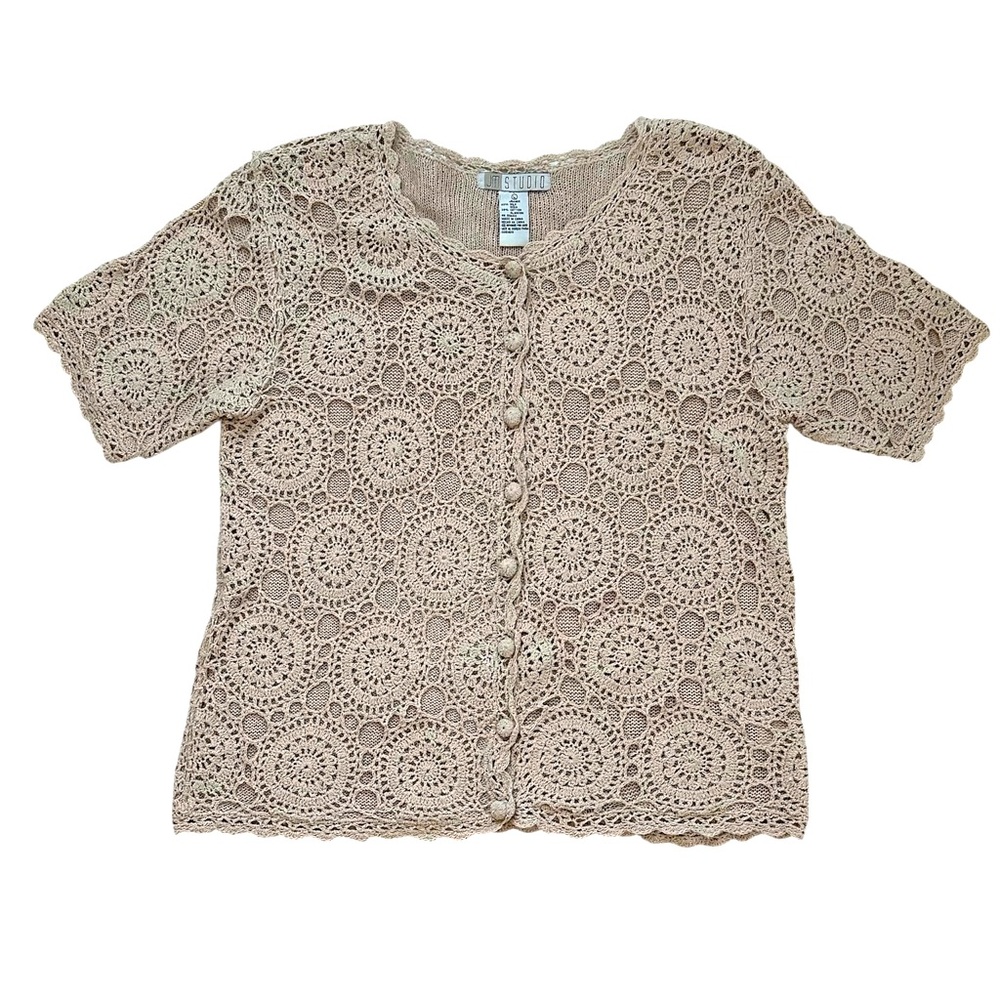 JM Studio Crochet Button Front Cardigan Lace Knit Silk Cotton Short Sleeve